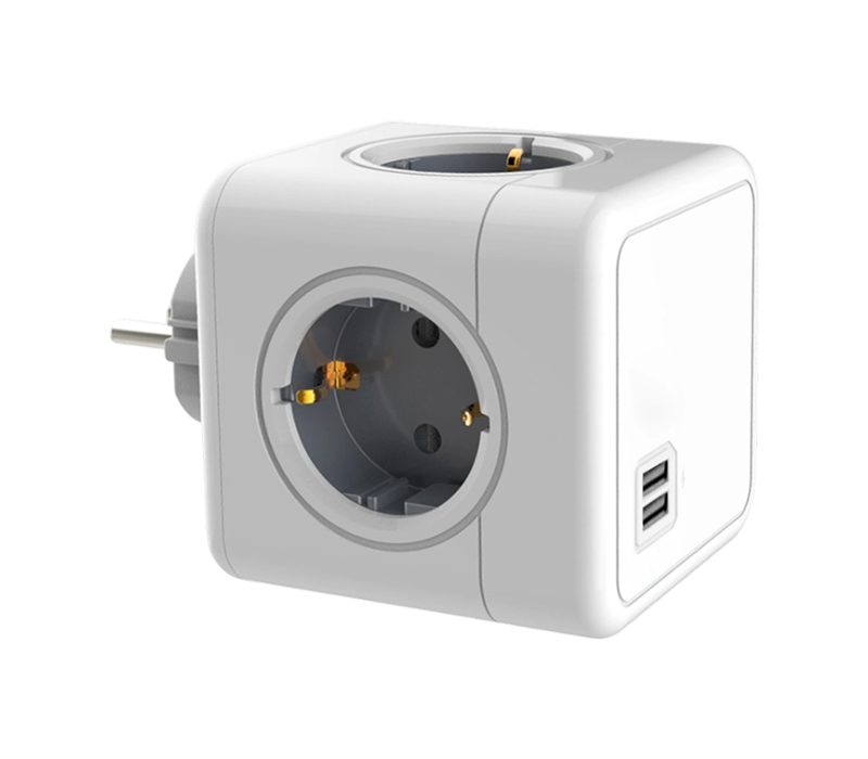 รางปลั๊กไฟ Cube ปลั๊กอิน E02A พร้อมเต้ารับสไตล์ยูโร 4 ช่องและพอร์ต USB-A 2 พอร์ต