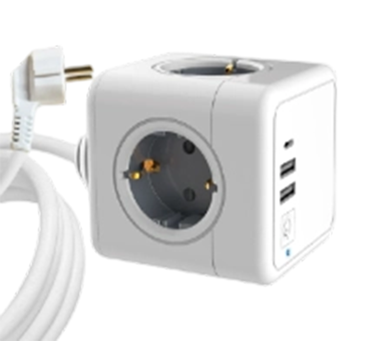 รางปลั๊กไฟ Cube แบบมีสาย E04C พร้อมเต้ารับสไตล์ยุโรป 4 ช่อง, พอร์ต USB-A 2 พอร์ต และพอร์ต USB-C 1 พอร์ต
