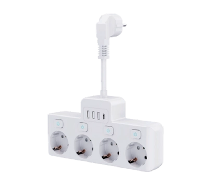 ปลั๊กไฟแบบมีสาย E14-4 พร้อมเต้ารับสไตล์ยุโรป 4 ช่อง พอร์ต USB-A 3 พอร์ต และพอร์ต USB-C 1 พอร์ต พร้อมสวิตช์แยกอิสระ