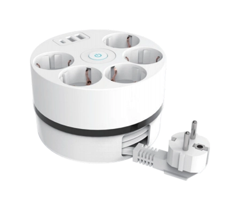 รางปลั๊กสายไฟแบบม้วนสาย E18 พร้อมสายไฟแบบยืดหดได้, เต้ารับสไตล์ยุโรป 5 ช่อง, พอร์ต USB-A 2 พอร์ต และพอร์ต USB-C 1 พอร์ต พร้อมสวิตช์