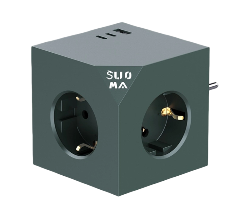 ปลั๊กไฟ Cube ปลั๊กอิน E24 พร้อมเต้ารับสไตล์ยุโรป 3 ช่อง, พอร์ต USB-A 1 พอร์ต และพอร์ต USB-C 2 พอร์ต