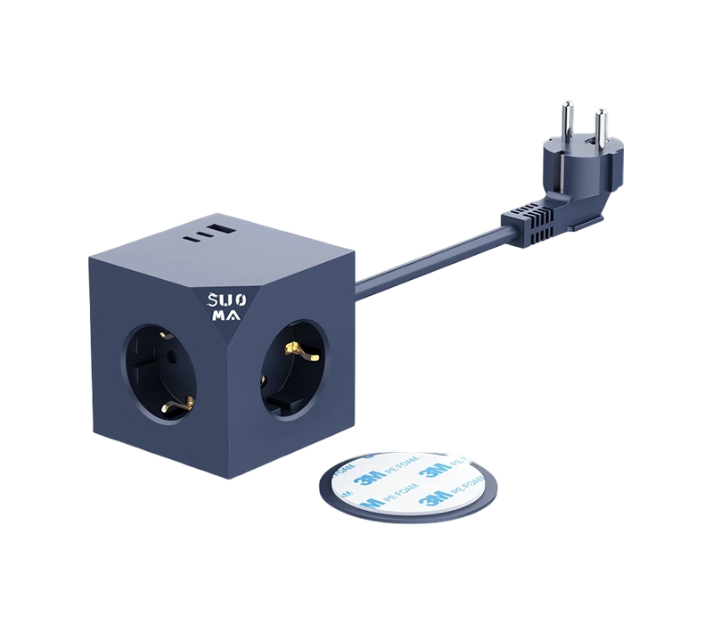 รางปลั๊กไฟทรงลูกบาศก์แบบมีสาย E25 พร้อมเต้ารับสไตล์ยุโรป 3 ช่อง, พอร์ต USB-A 1 พอร์ต และพอร์ต USB-C 2 พอร์ต พร้อมสติ๊กเกอร์กาว 3 ม.