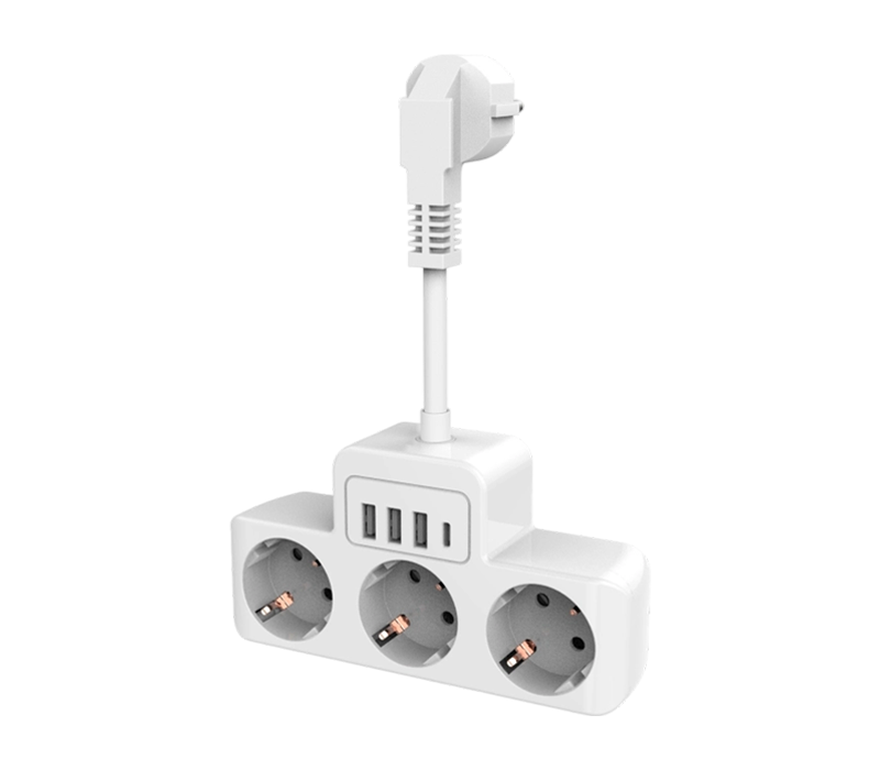 รางปลั๊กไฟแบบมีสาย E13 พร้อมเต้ารับสไตล์ยุโรป 3 ช่อง, พอร์ต USB-A 3 พอร์ต และพอร์ต USB-C 1 พอร์ต