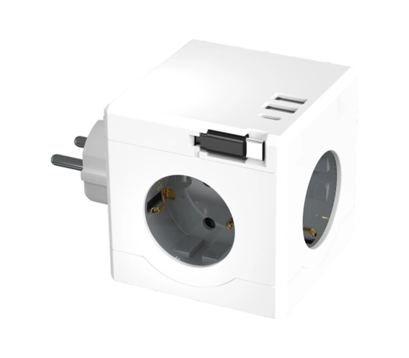 ปลั๊กไฟ Cube ปลั๊กอิน E15-D พร้อมเต้ารับสไตล์ยุโรป 3 ช่อง, พอร์ต USB-A 2 พอร์ต และพอร์ต USB-C 1 พอร์ต พร้อมสายชาร์จแบบยืดหดได้
