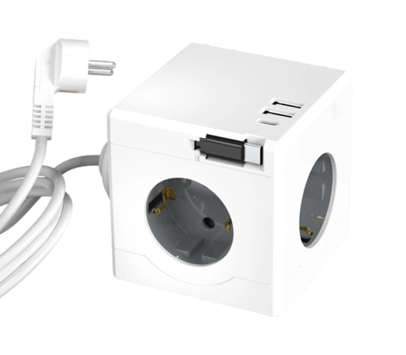 รางปลั๊กไฟ Cube แบบมีสาย E16-D พร้อมเต้ารับสไตล์ยุโรป 3 ช่อง, พอร์ต USB-A 2 พอร์ต และพอร์ต USB-C 1 พอร์ต พร้อมสายชาร์จแบบยืดหดได้
