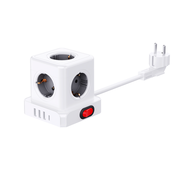รางปลั๊กไฟ Cube แบบมีสาย E23 พร้อมเต้ารับสไตล์ยุโรป 5 ช่อง, พอร์ต USB-A 3 พอร์ต และพอร์ต USB-C 1 พอร์ต พร้อมสวิตช์