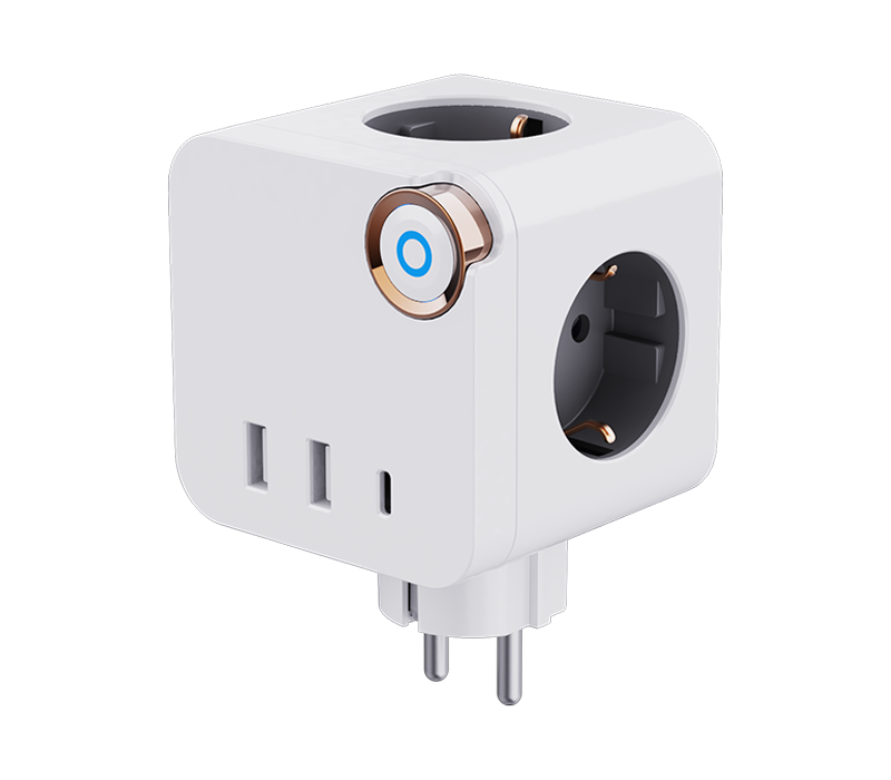 ปลั๊กไฟ Cube ปลั๊กอิน E19 พร้อมเต้ารับสไตล์ยุโรป 3 ช่อง, พอร์ต USB-A 2 พอร์ต และพอร์ต USB-C 1 พอร์ต พร้อมสวิตช์