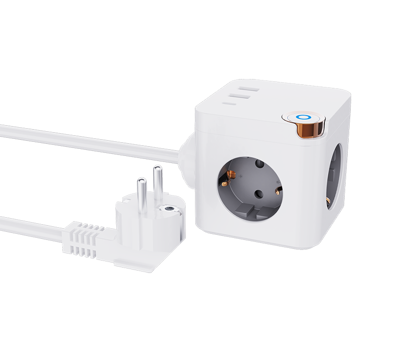 รางปลั๊กไฟ Cube แบบมีสาย E20 พร้อมเต้ารับสไตล์ยุโรป 3 ช่อง, พอร์ต USB-A 2 พอร์ต และพอร์ต USB-C 1 พอร์ต พร้อมสวิตช์